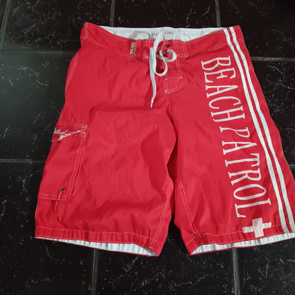 Beach Patrol Red & White Swim Trunks Size L